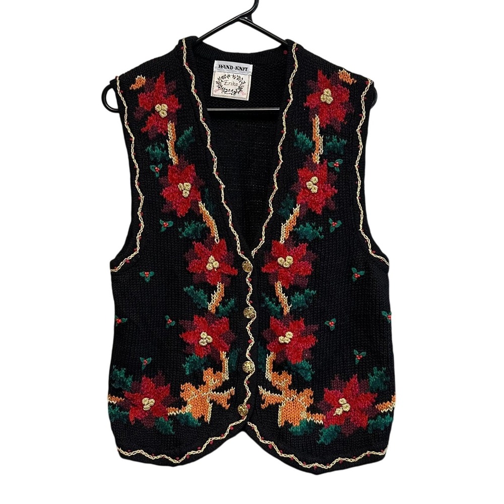 Vintage Erika Hand Knit Black Poinsettia Christmas Sweater Vest Womens Size L